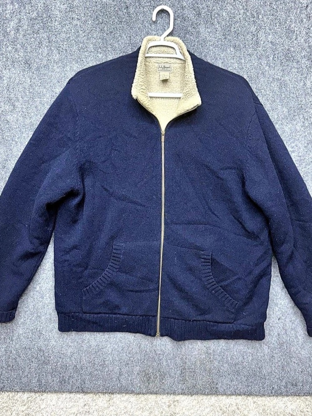LL Bean Lambs Wool Sherpa lIned full zip sweater jacket Blue Thick Mens size 2XL